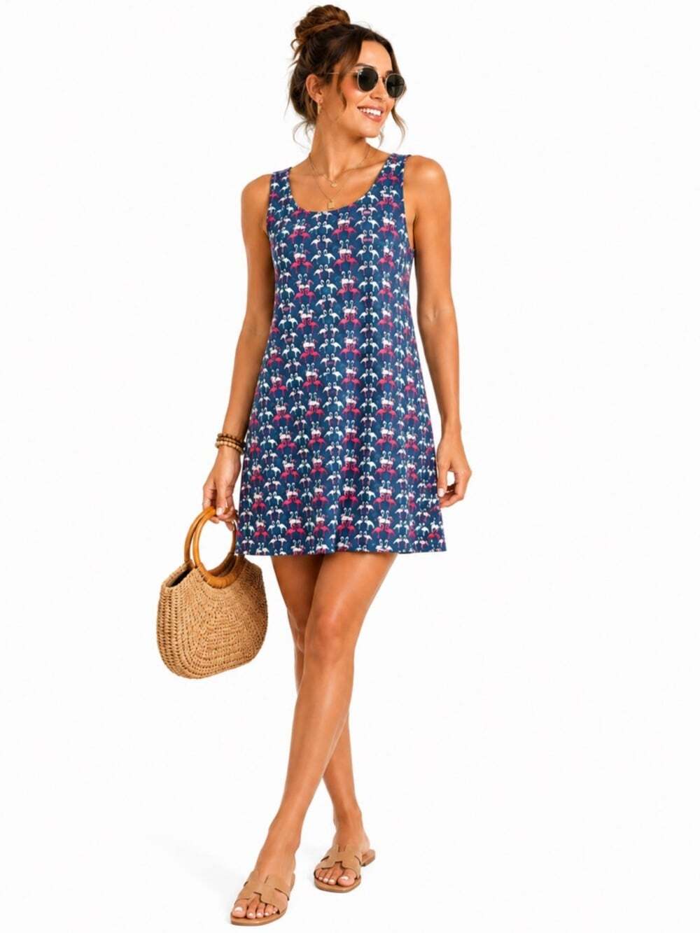 Catalog Favs Blue Flamingo Print Sleeveless Sundress Tropical Vacation 1X Dress